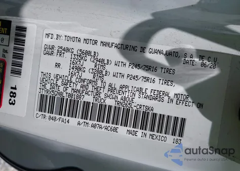 2020 Toyota Tacoma Sr from USA, damaged, VIN 3TYRX5GN8LT001887